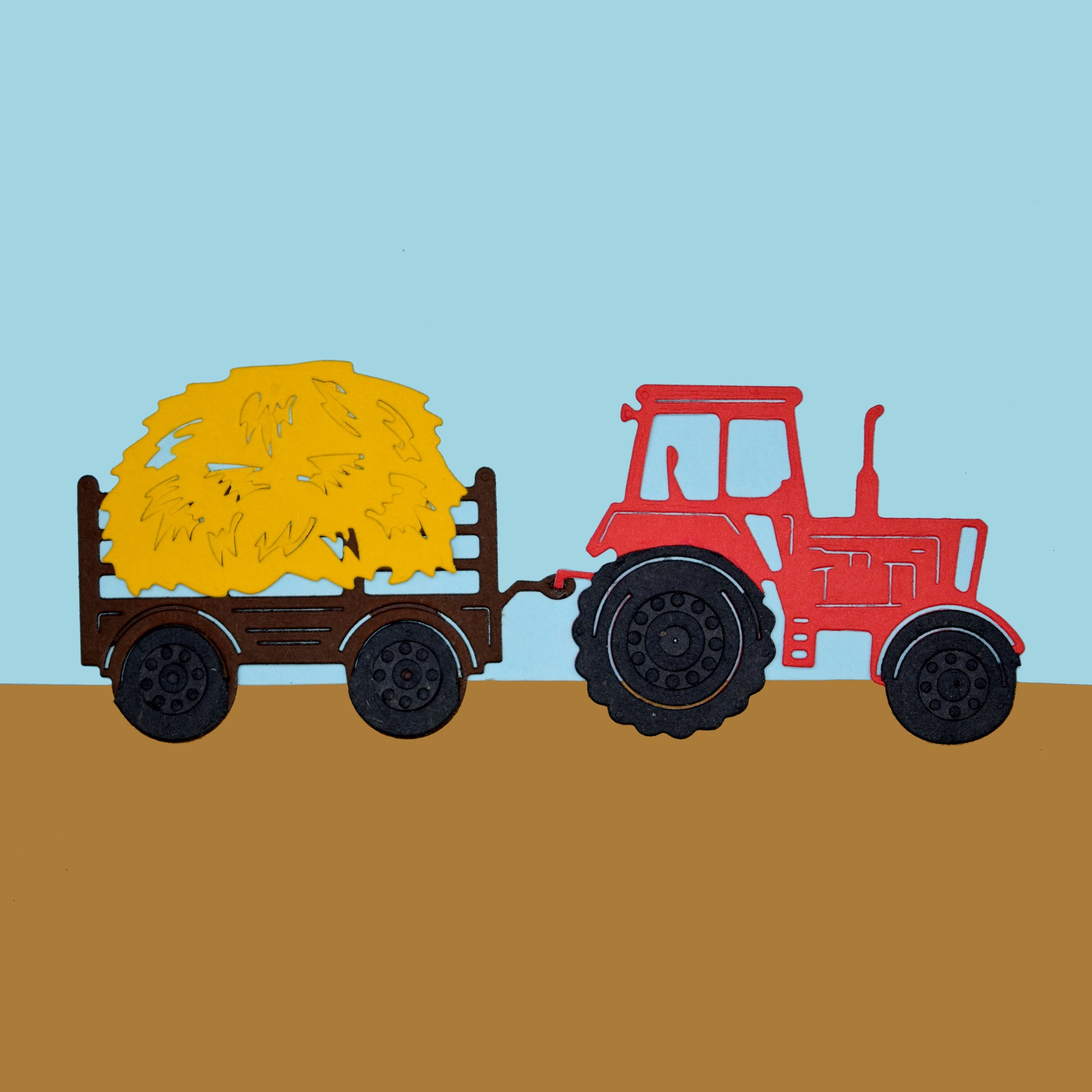 Finished farm scene made with tractor and trailer metal cutting dies with hay load