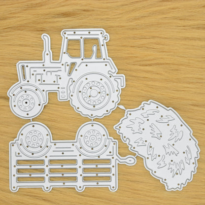Tractor and trailer metal cutting dies set displayed on fake fur surface