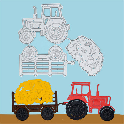 Tractor and trailer metal cutting dies set with coloured example showing farm scene design