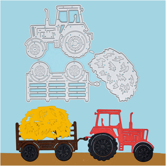 Tractor and trailer metal cutting dies set with coloured example showing farm scene design