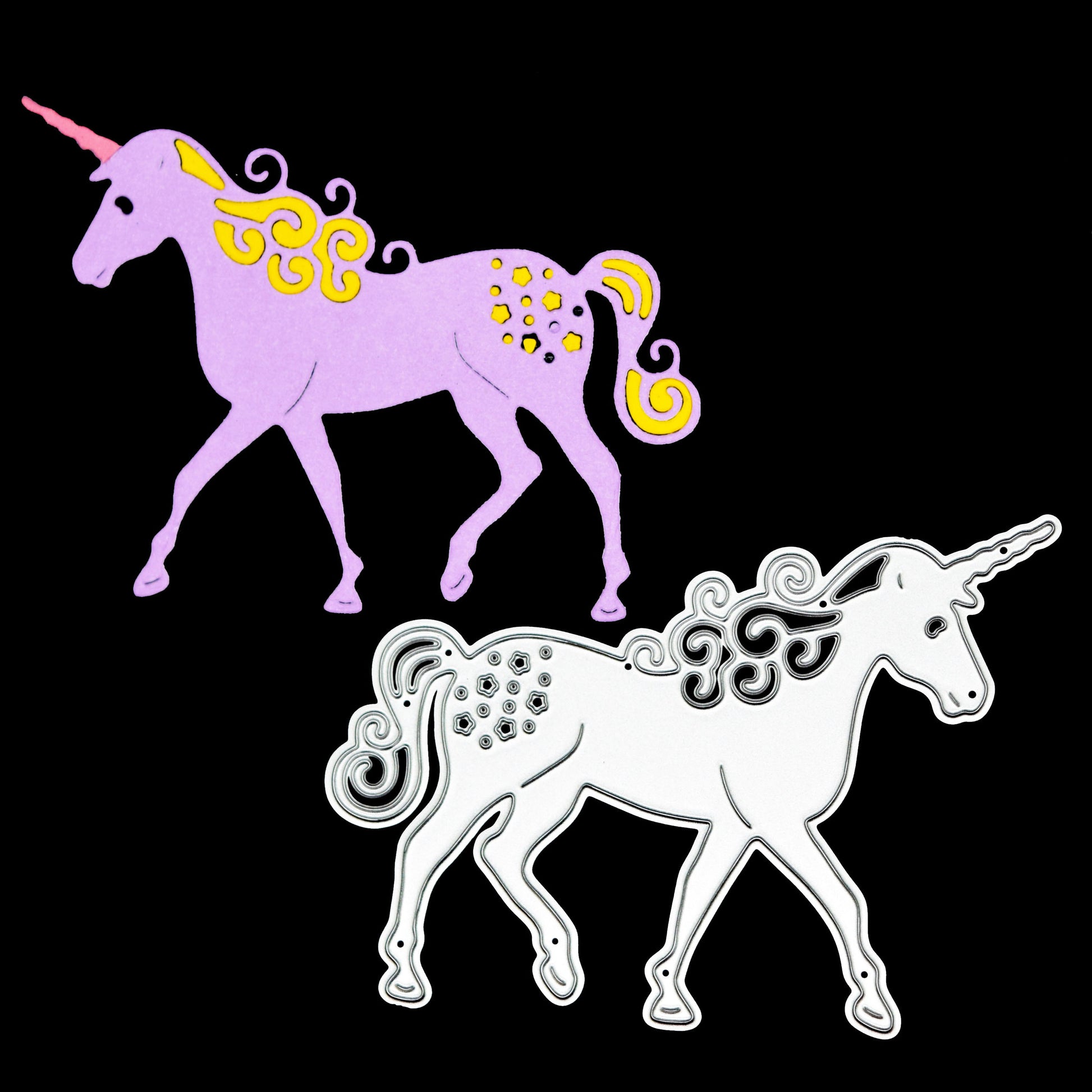 Unicorn metal cutting die with coloured cardstock example for card making