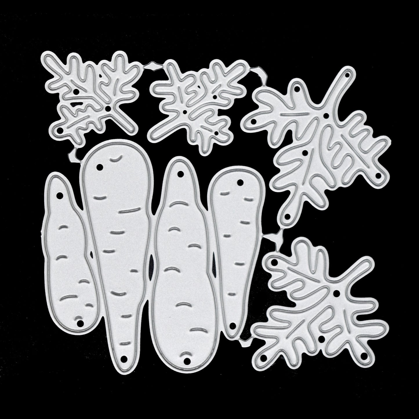 Vegetable carrot metal cutting dies set featuring multiple carrot sizes and leafy tops for handmade cards and craft projects