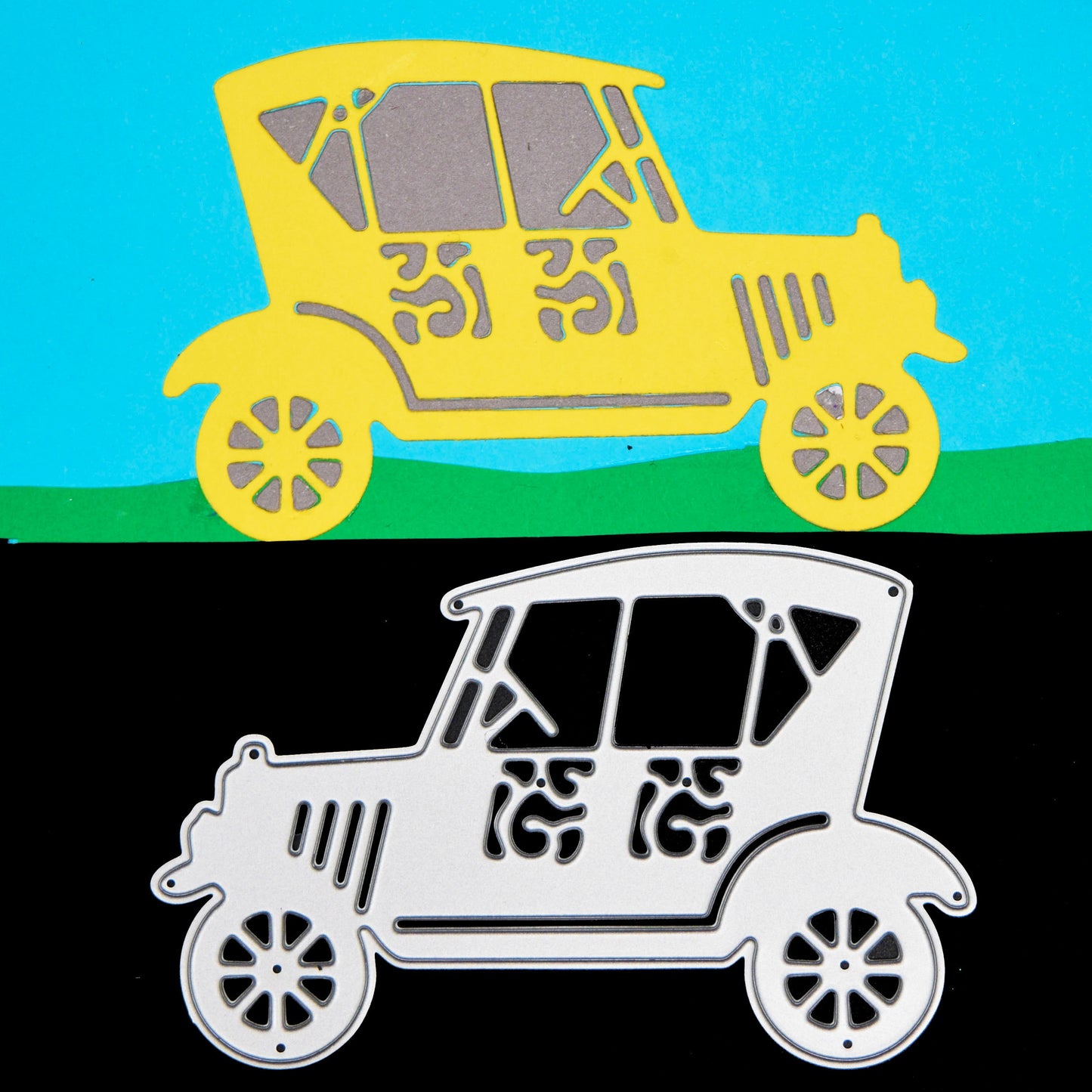 Vintage retro car metal cutting die with completed paper die cut example