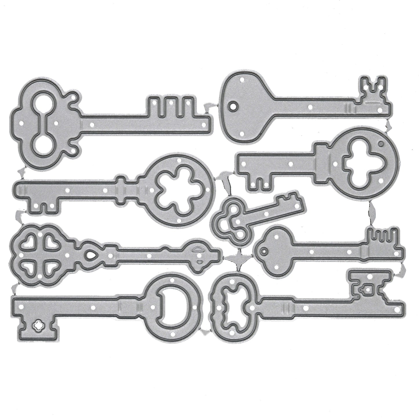 Nine piece vintage key metal cutting dies set with decorative antique inspired key shapes for crafting