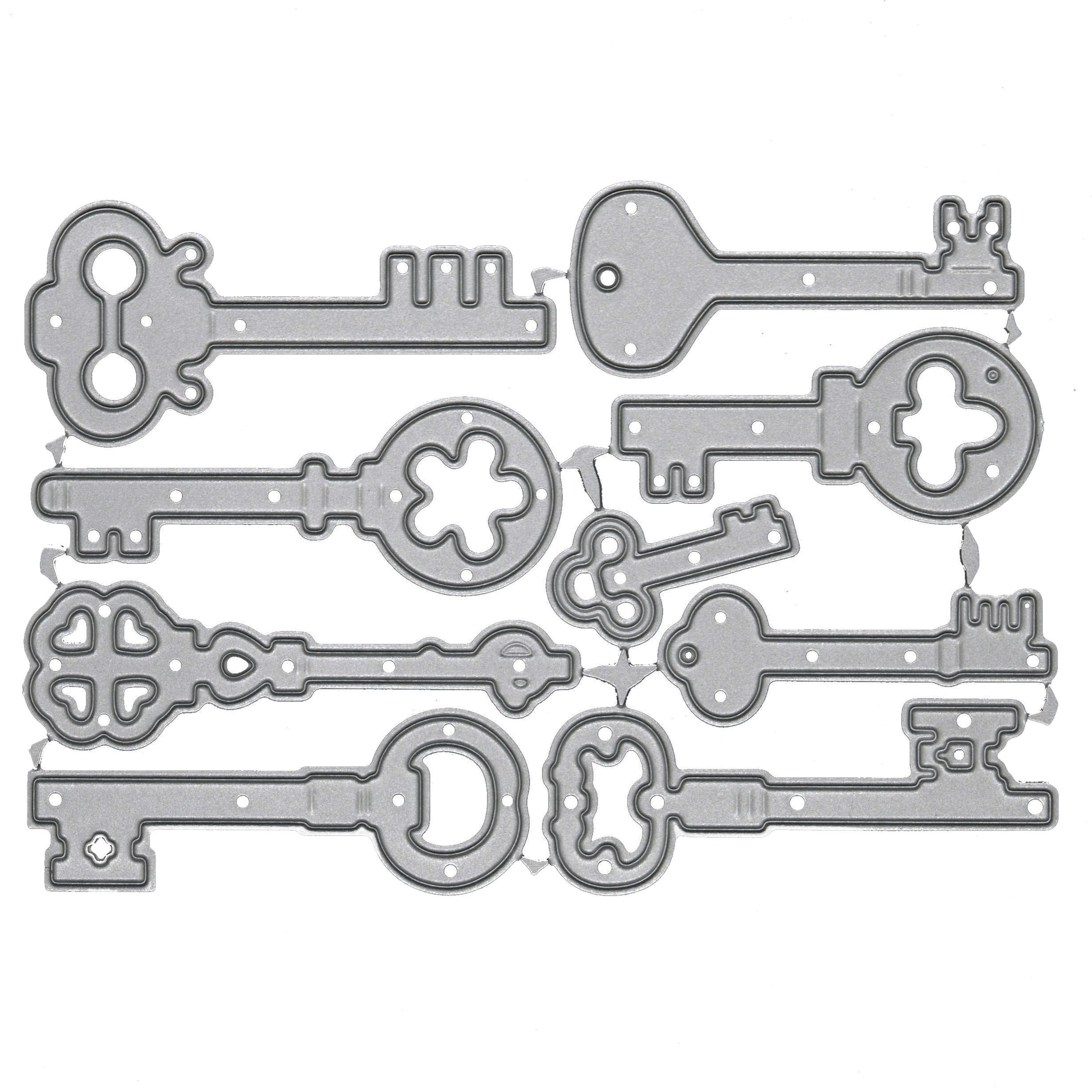 Nine piece vintage key metal cutting dies set with decorative antique inspired key shapes for crafting