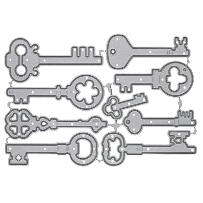 Nine piece vintage key metal cutting dies set with decorative antique inspired key shapes for crafting