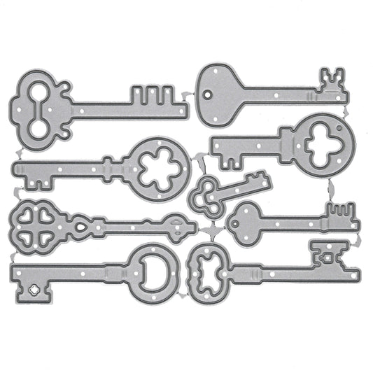 Nine piece vintage key metal cutting dies set with decorative antique inspired key shapes for crafting