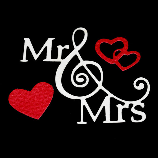 Mr and Mrs wedding sentiment die cuts with layered heart embellishments for handmade wedding cards