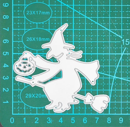 Witch on broomstick metal cutting die on cutting mat showing size