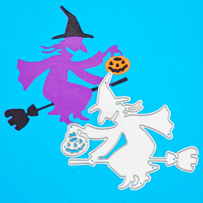 Witch on broomstick metal cutting die with pumpkin lantern